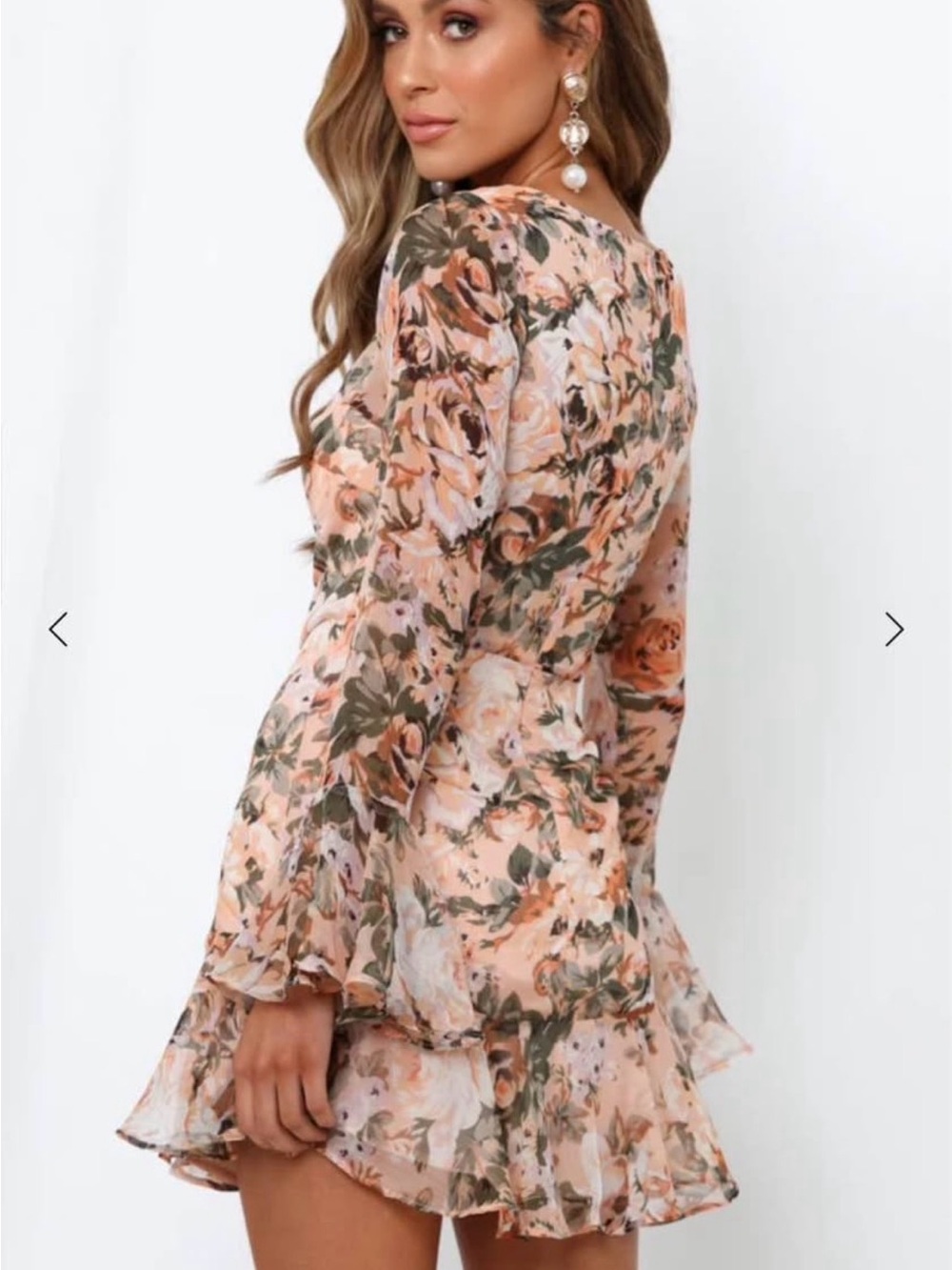 Floral Ruffle Hem Long-Sleeve Mini Dress - Peach Pink - Picture 4 of 6
